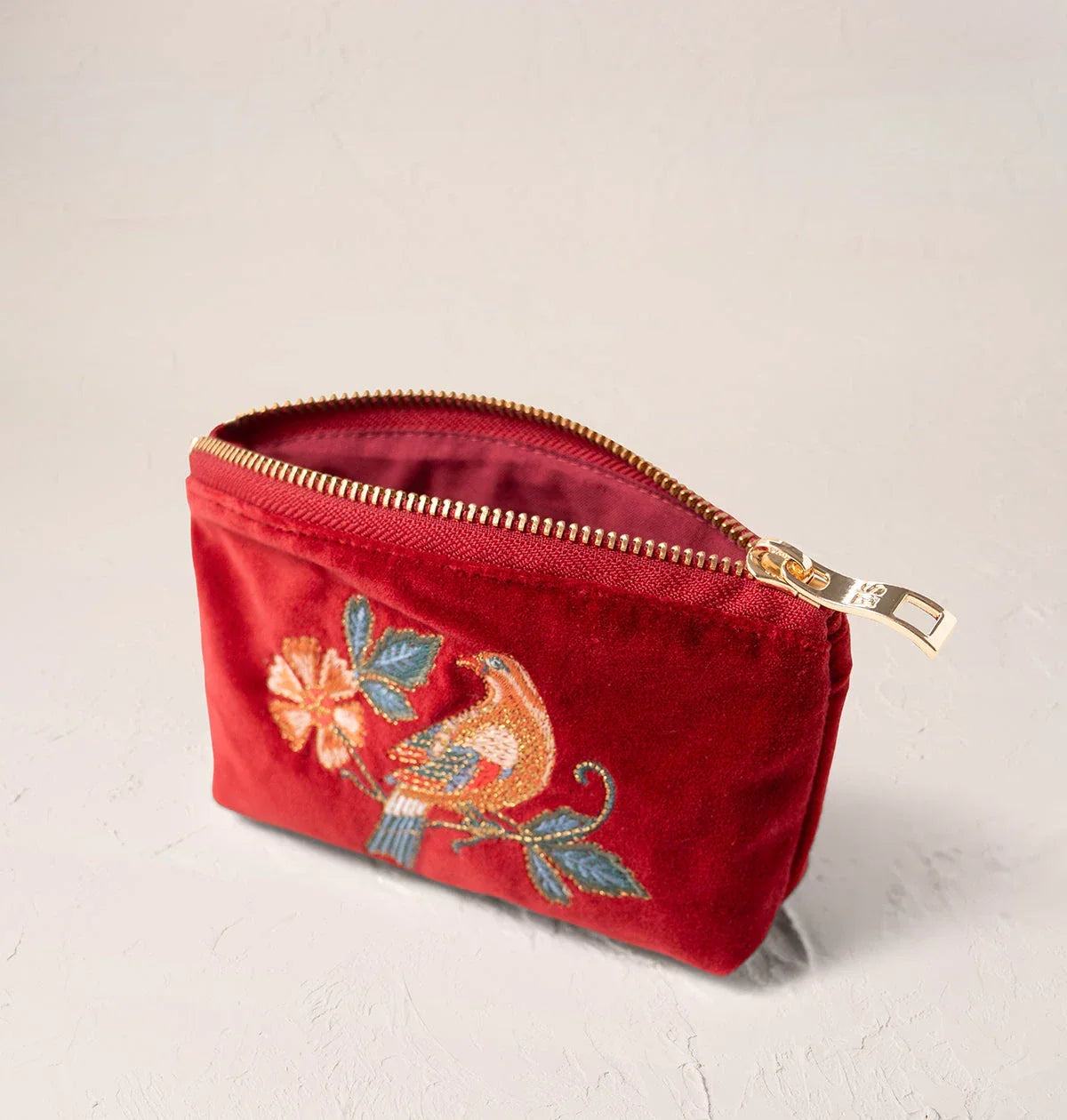 Elizabeth Scarlett Coin Purse Botanical Birds Velvet Rouge